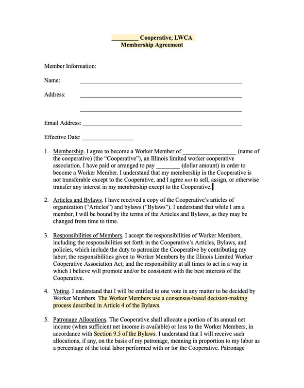 Link to template membership agreement for Illinois limited worker cooperative association